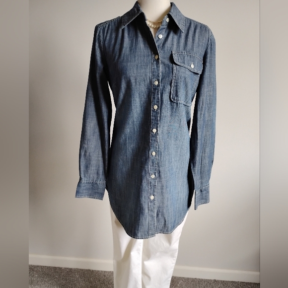 New York & Company 100% Cotton Dark Denim Western Style Tunic Shirt Size Small - Picture 3 of 14